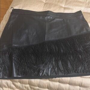 DKNY Black Leather Skirt with Fringe Detail